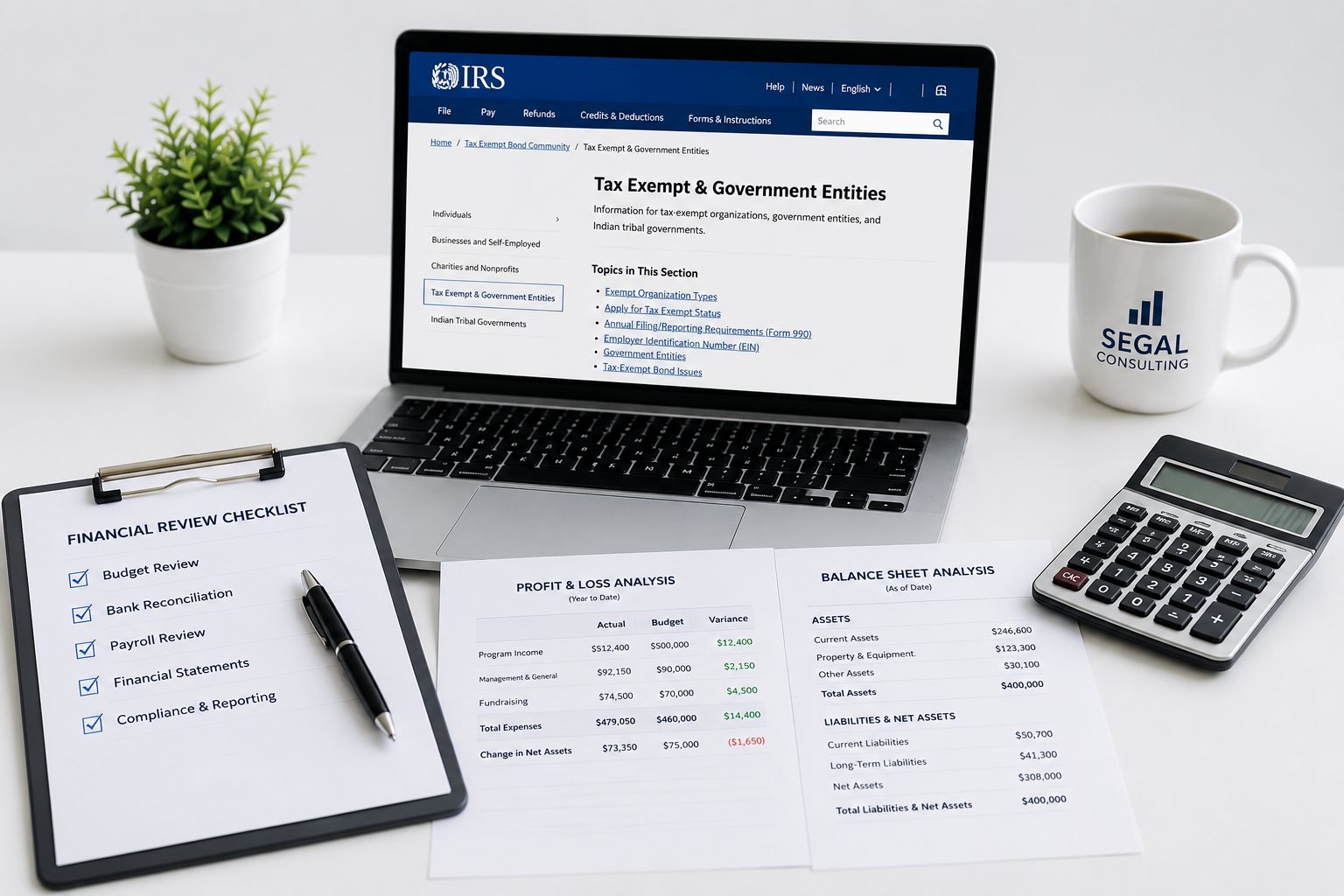 A Segal Consulting desk: a laptop showing the IRS Tax Exempt & Government Entities page, a financial review checklist, profit & loss and balance sheet reports, and a calculator